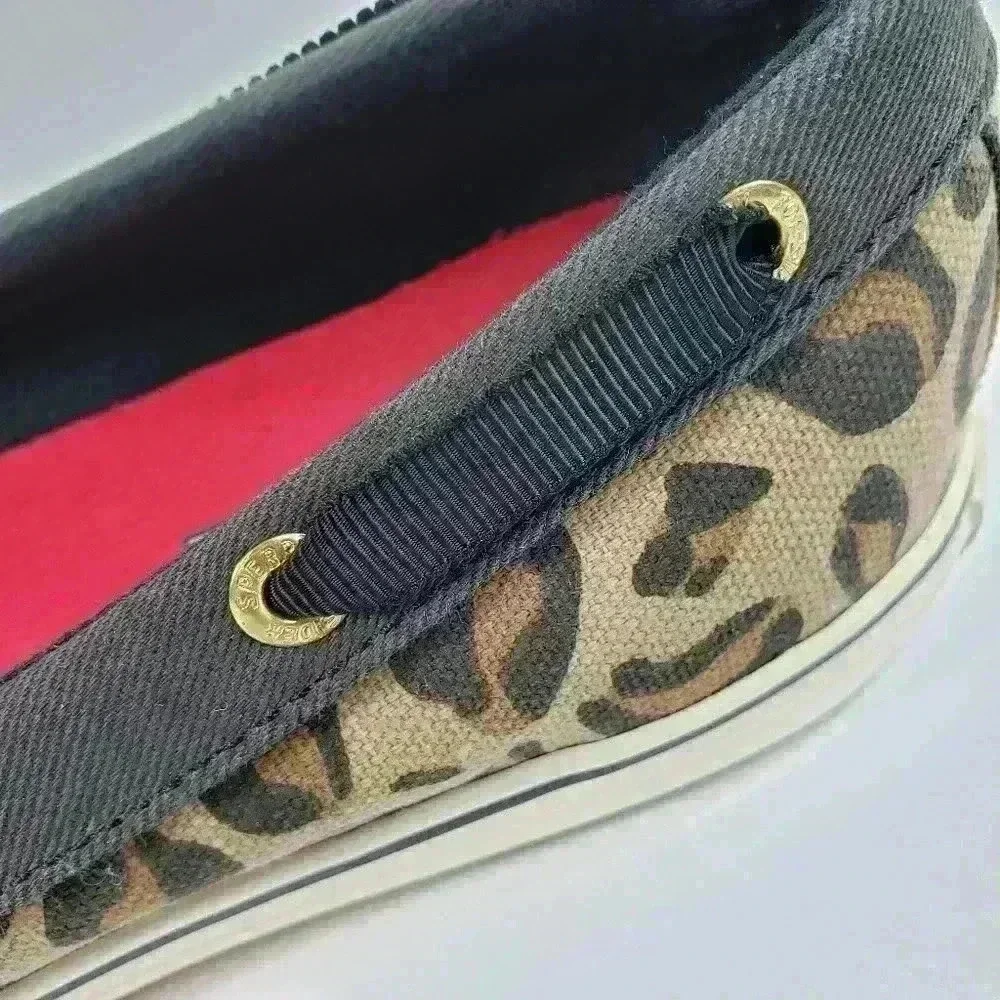 Sperry Top Sider Boat Shoes Leopard Tan Black White Gold Ribbon Laces Size 6M - Picture 9 of 15